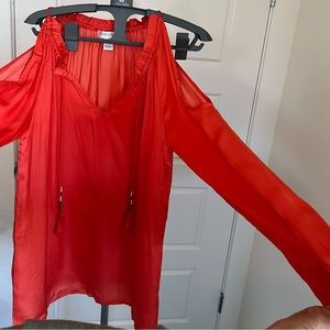 Orange Silk Cold Shoulder maternity top with adjustable neckline